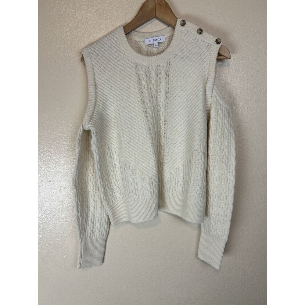 Intermix XS Sweater Pullover Cable Knit Wool Cashmere Cold Shoulder Cut Out Whit